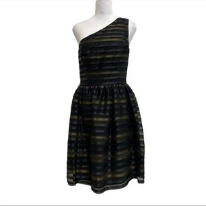 Jill Stuart Black Gold Striped Mesh One Shoulder Evening Party Dress